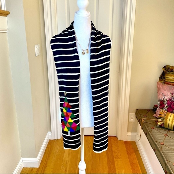 Talbots Scarf Wool Christmas Navy White Stripe with Christmas Tree (OS) - Picture 2 of 6